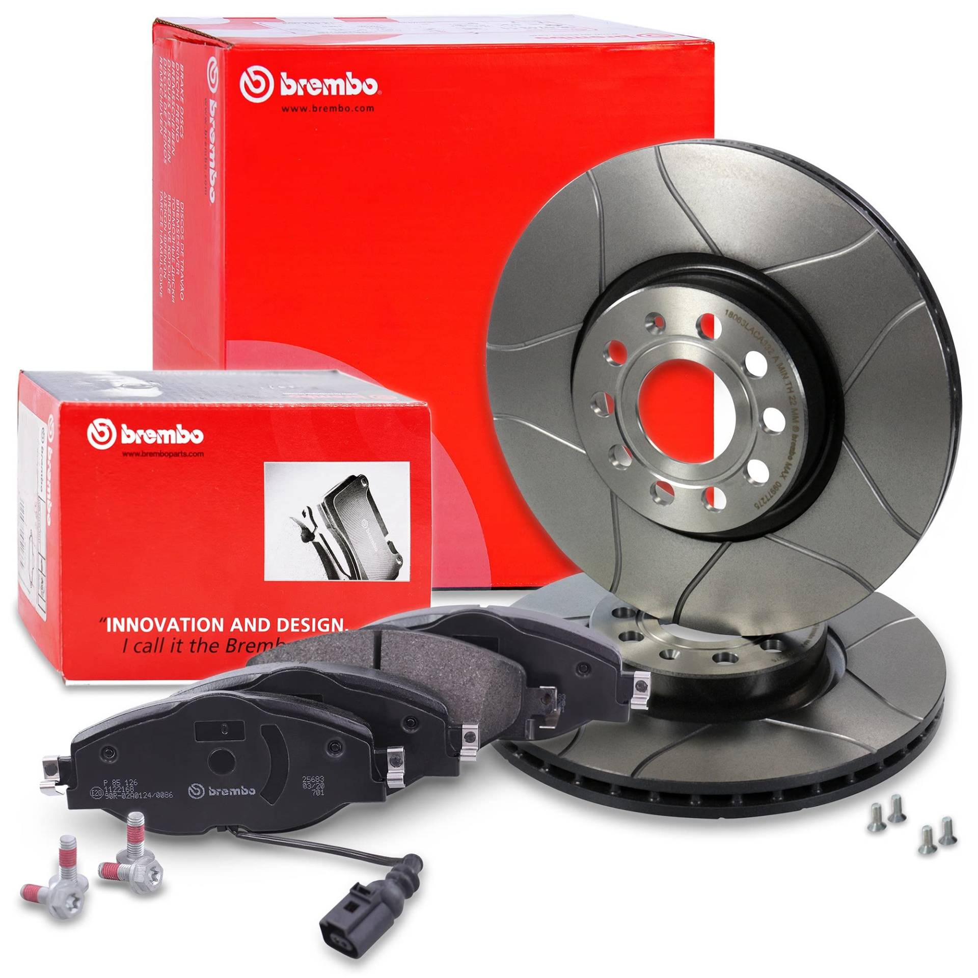 BREMBO Sport Max Bremsenset Vorderachse inkl. Geschlitzte Sport-Bremsscheiben Vorne Ø 312 mm Belüftet und Bremsbeläge Vorne von Brembo