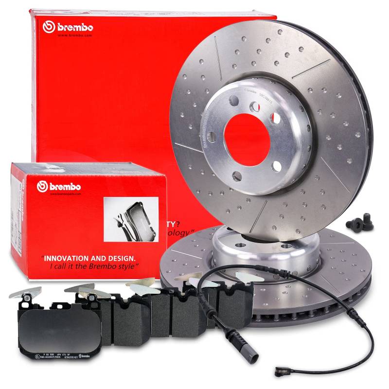 BREMBO TWO-PIECE FLOATING DISC LINE Bremsenset Vorderachse inkl. Geschlitzte Sport-Bremsscheiben zweiteilig Vorne Ø 340 mm Belüftet und Bremsbeläge Vorne + Verschleißkontakt von Brembo