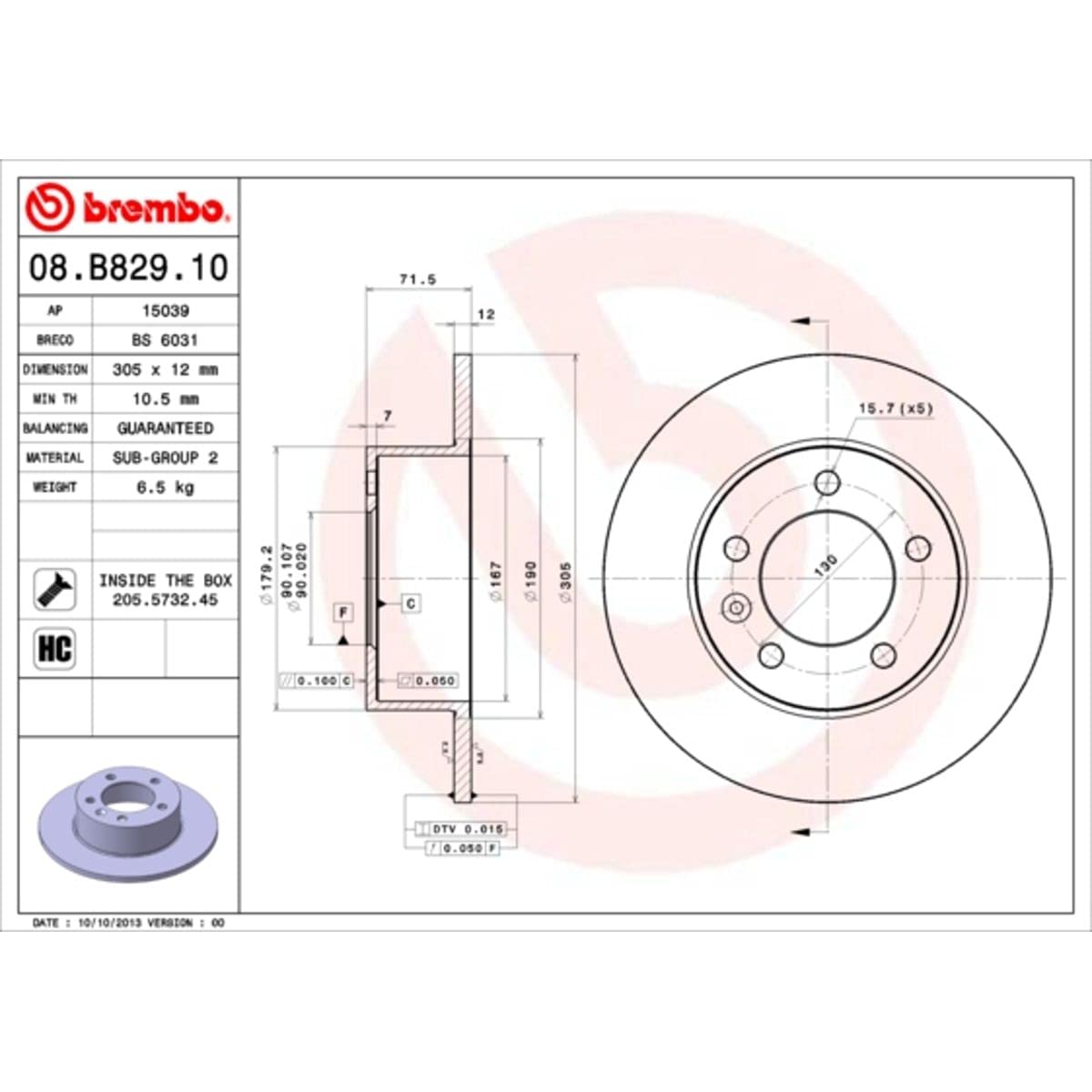 Brembo 08.B829.10 Hintere Bremsscheibe, Anzahl 2 von Brembo