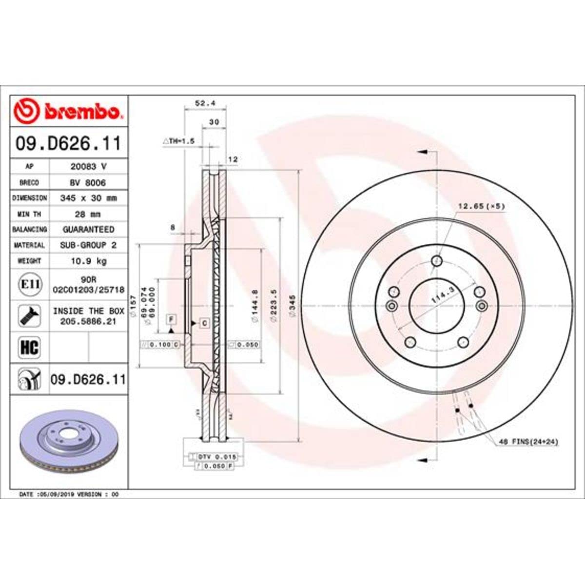 2 St. Bremsscheibe COATED DISC LINE - 09.D626.11 BREMBO von Brembo