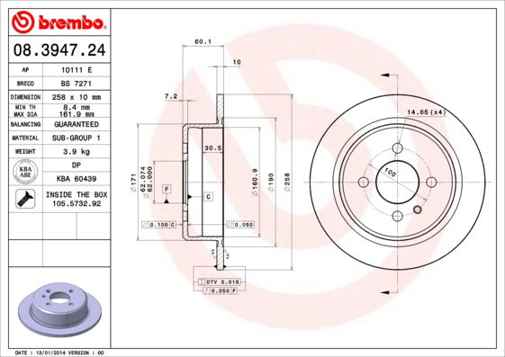 Bremsscheibe Hinterachse Brembo 08.3947.24 von Brembo