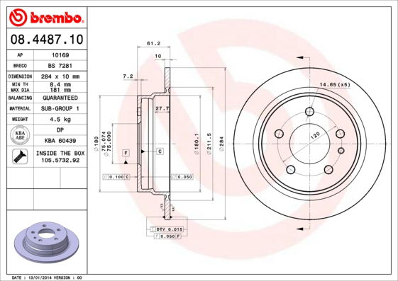 Bremsscheibe Hinterachse Brembo 08.4487.10 von Brembo