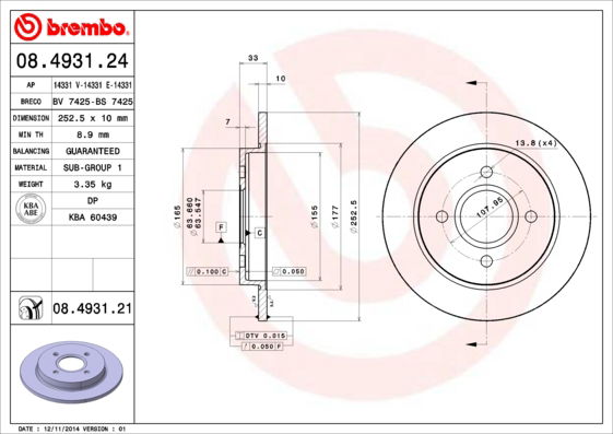 Bremsscheibe Hinterachse Brembo 08.4931.21 von Brembo