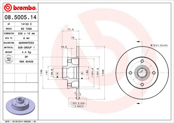 Bremsscheibe Hinterachse Brembo 08.5005.14 von Brembo