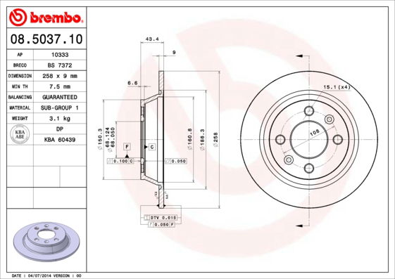 Bremsscheibe Hinterachse Brembo 08.5037.10 von Brembo