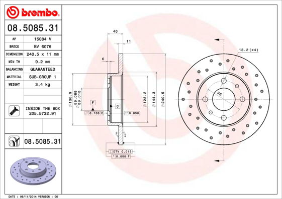 Bremsscheibe Hinterachse Brembo 08.5085.31 von Brembo