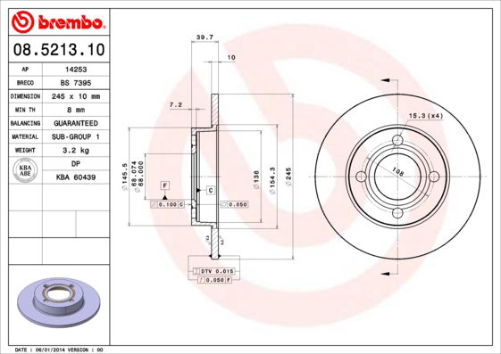 Bremsscheibe Hinterachse Brembo 08.5213.10 von Brembo