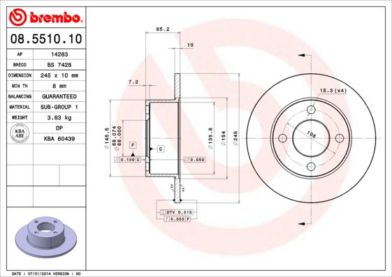 Bremsscheibe Hinterachse Brembo 08.5510.10 von Brembo