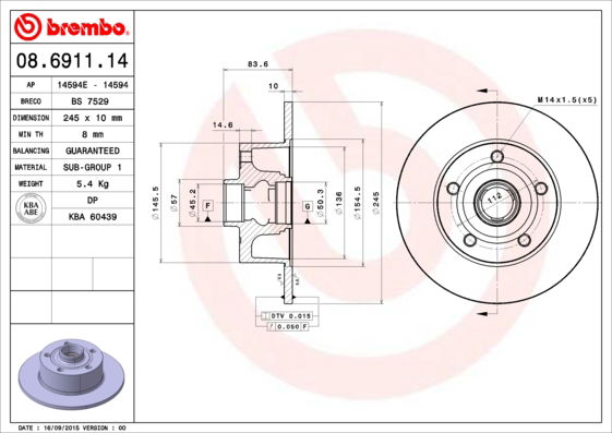 Bremsscheibe Hinterachse Brembo 08.6911.14 von Brembo