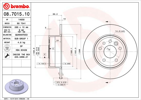 Bremsscheibe Hinterachse Brembo 08.7015.10 von Brembo