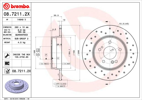 Bremsscheibe Hinterachse Brembo 08.7211.2X von Brembo