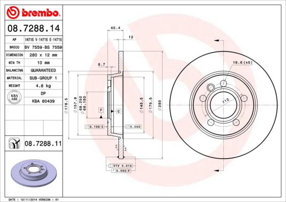 Bremsscheibe Hinterachse Brembo 08.7288.11 von Brembo