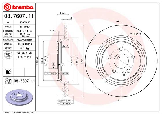 Bremsscheibe Hinterachse Brembo 08.7607.11 von Brembo