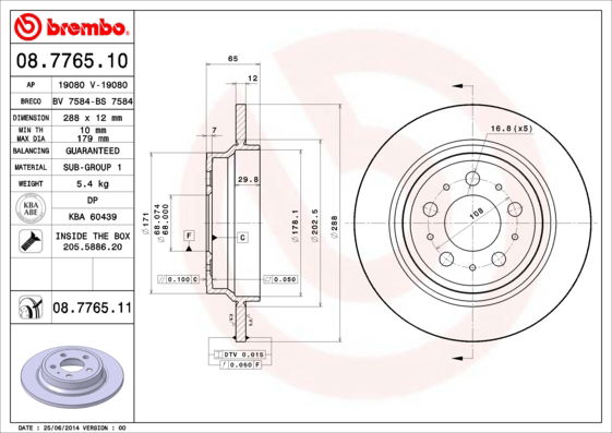 Bremsscheibe Hinterachse Brembo 08.7765.11 von Brembo