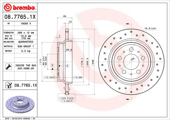 Bremsscheibe Hinterachse Brembo 08.7765.1X von Brembo