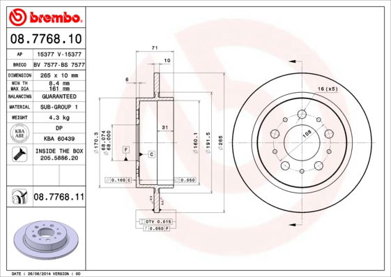 Bremsscheibe Hinterachse Brembo 08.7768.10 von Brembo