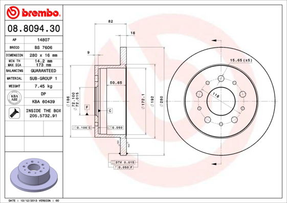 Bremsscheibe Hinterachse Brembo 08.8094.30 von Brembo