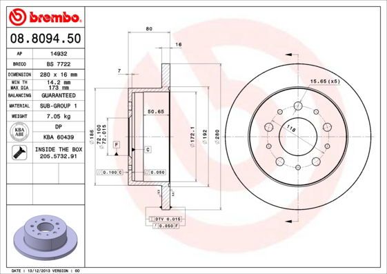 Bremsscheibe Hinterachse Brembo 08.8094.50 von Brembo