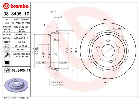 Bremsscheibe Hinterachse Brembo 08.8405.11 von Brembo