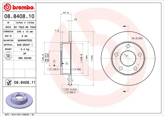 Bremsscheibe Hinterachse Brembo 08.8408.11 von Brembo