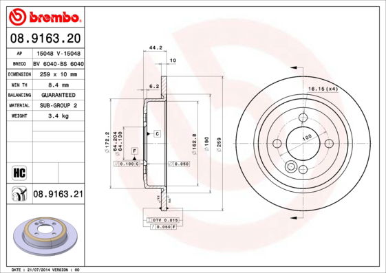 Bremsscheibe Hinterachse Brembo 08.9163.21 von Brembo