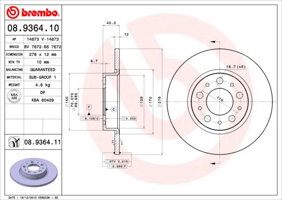 Bremsscheibe Hinterachse Brembo 08.9364.11 von Brembo