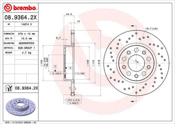 Bremsscheibe Hinterachse Brembo 08.9364.2X von Brembo