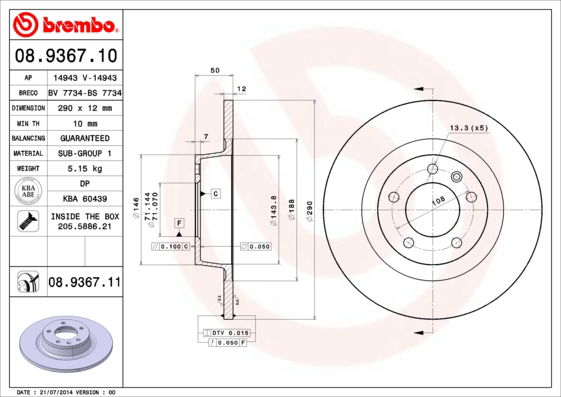 Bremsscheibe Hinterachse Brembo 08.9367.11 von Brembo