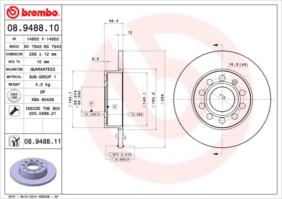 Bremsscheibe Hinterachse Brembo 08.9488.11 von Brembo