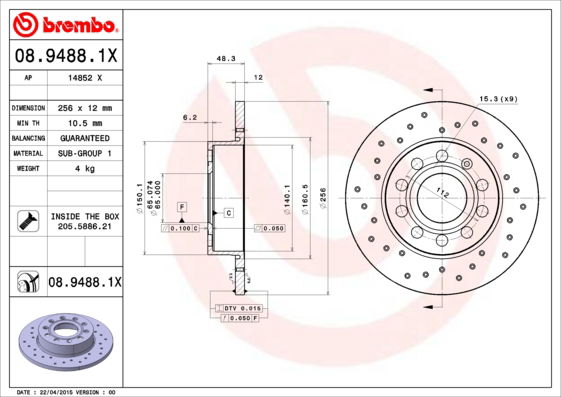 Bremsscheibe Hinterachse Brembo 08.9488.1X von Brembo