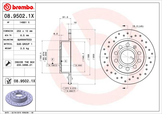 Bremsscheibe Hinterachse Brembo 08.9502.1X von Brembo