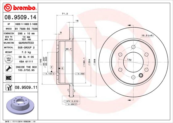 Bremsscheibe Hinterachse Brembo 08.9509.11 von Brembo