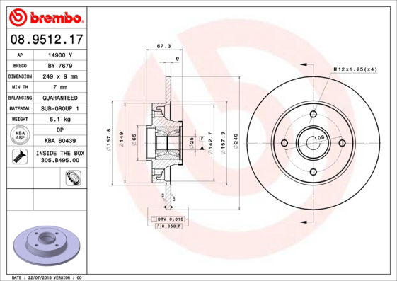 Bremsscheibe Hinterachse Brembo 08.9512.17 von Brembo