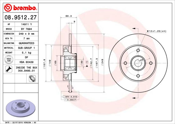 Bremsscheibe Hinterachse Brembo 08.9512.27 von Brembo