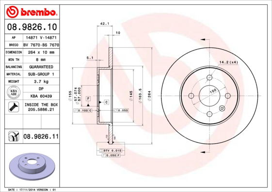 Bremsscheibe Hinterachse Brembo 08.9826.11 von Brembo