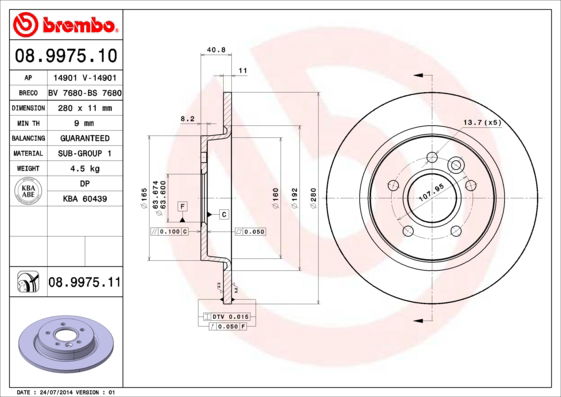 Bremsscheibe Hinterachse Brembo 08.9975.11 von Brembo