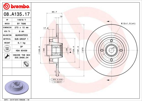 Bremsscheibe Hinterachse Brembo 08.A135.17 von Brembo