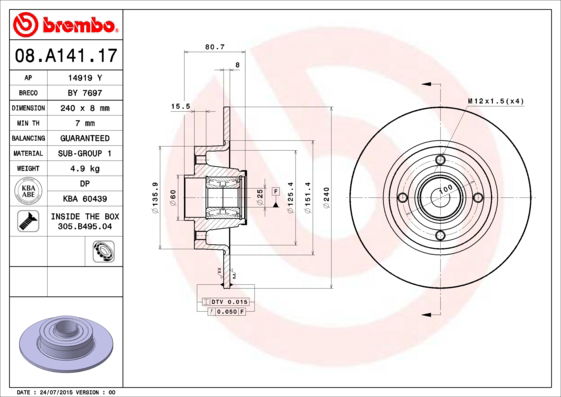 Bremsscheibe Hinterachse Brembo 08.A141.17 von Brembo