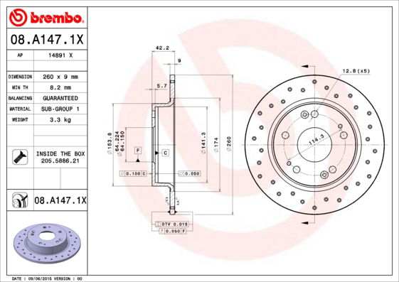 Bremsscheibe Hinterachse Brembo 08.A147.1X von Brembo