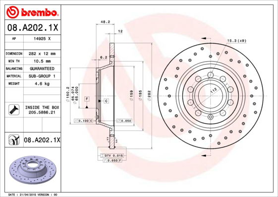 Bremsscheibe Hinterachse Brembo 08.A202.1X von Brembo