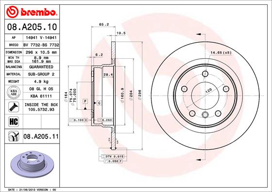 Bremsscheibe Hinterachse Brembo 08.A205.11 von Brembo