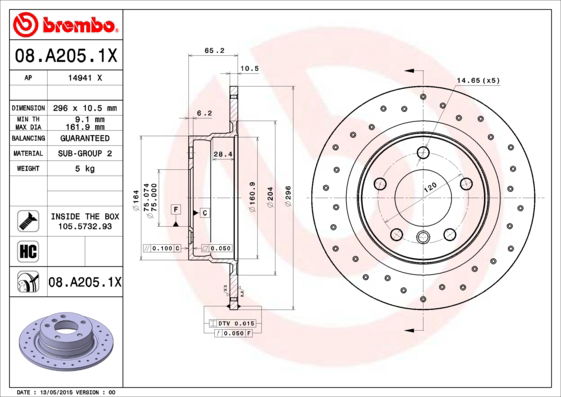 Bremsscheibe Hinterachse Brembo 08.A205.1X von Brembo