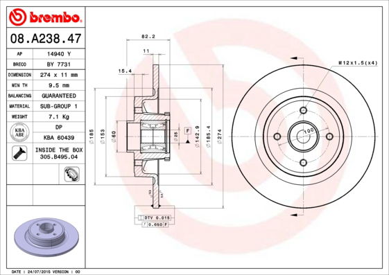 Bremsscheibe Hinterachse Brembo 08.A238.47 von Brembo