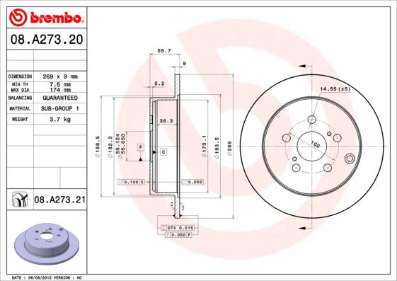 Bremsscheibe Hinterachse Brembo 08.A273.21 von Brembo