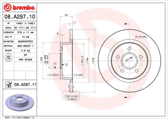 Bremsscheibe Hinterachse Brembo 08.A297.11 von Brembo