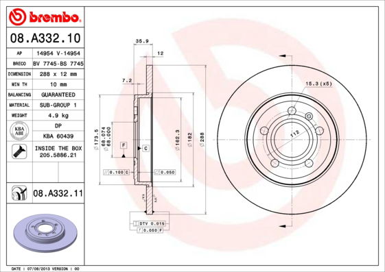 Bremsscheibe Hinterachse Brembo 08.A332.11 von Brembo