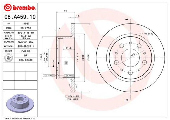 Bremsscheibe Hinterachse Brembo 08.A459.10 von Brembo