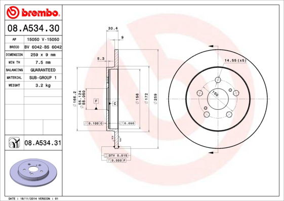 Bremsscheibe Hinterachse Brembo 08.A534.31 von Brembo