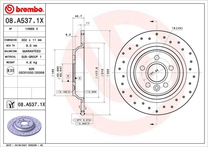 Bremsscheibe Hinterachse Brembo 08.A537.1X von Brembo