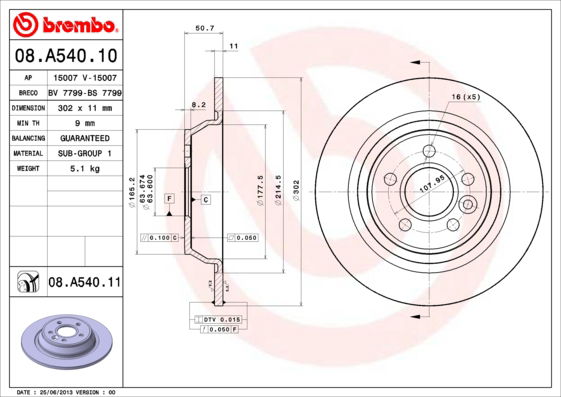 Bremsscheibe Hinterachse Brembo 08.A540.11 von Brembo